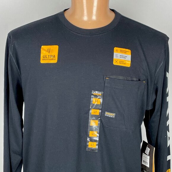 NWT Ariat Rebar Workman Logo Long Sleeve T-Shirt Sz LT Black Moisture Wicking - Picture 2 of 6